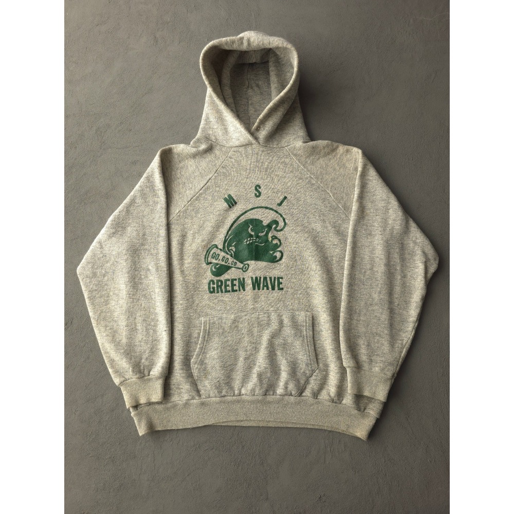 Vintage 80s Grey MSJ Green Wave Hoodie L Made in USA Cotton Blend Raglan
